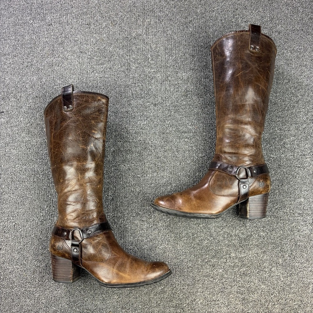 Born Susanne Womens Brown Leather Harness Tall Knee High Boots Side Zip Size 8.5